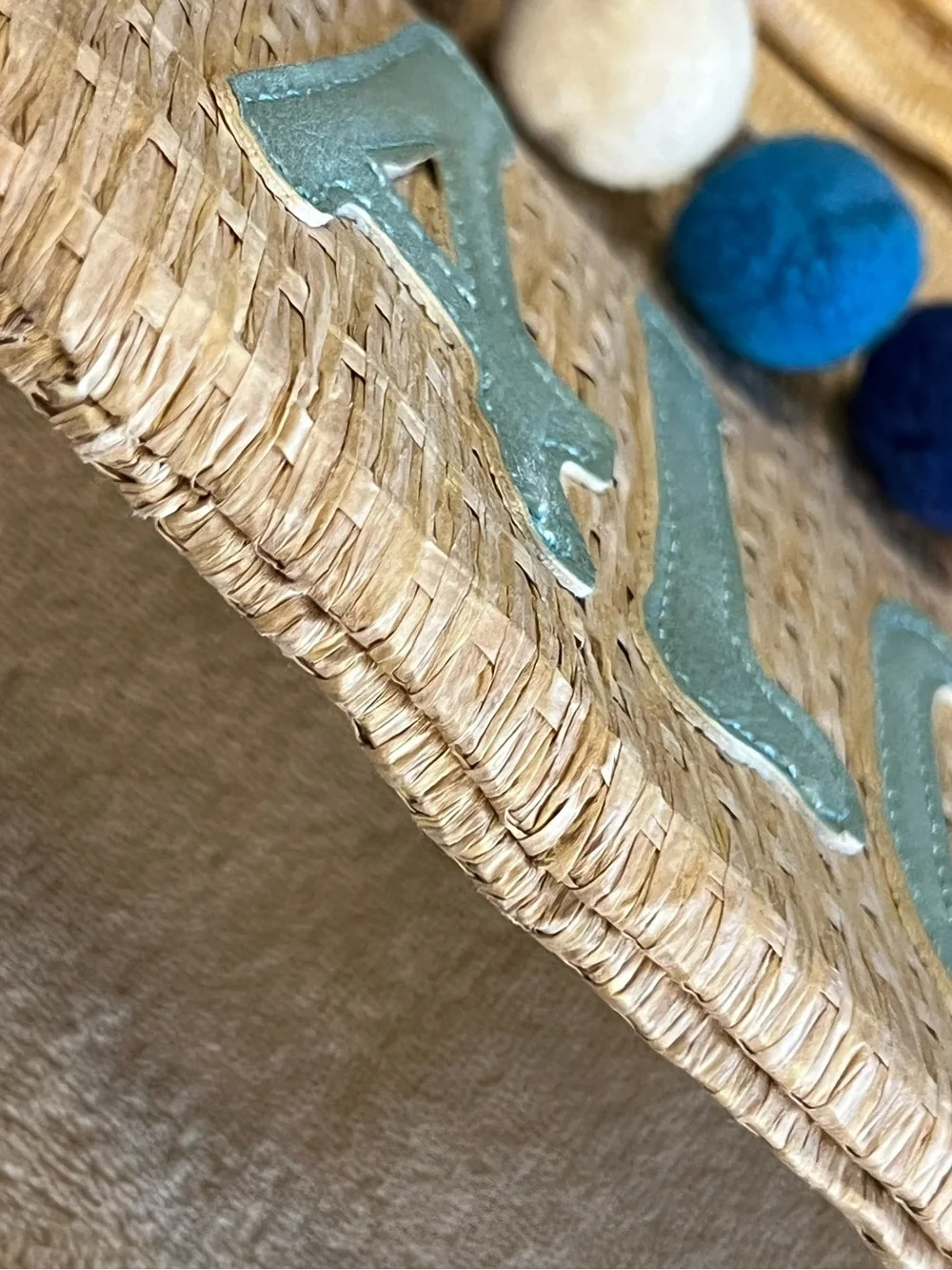 Aloha Straw Pom Pom Zip Pouch in Teal and Natural Clutch